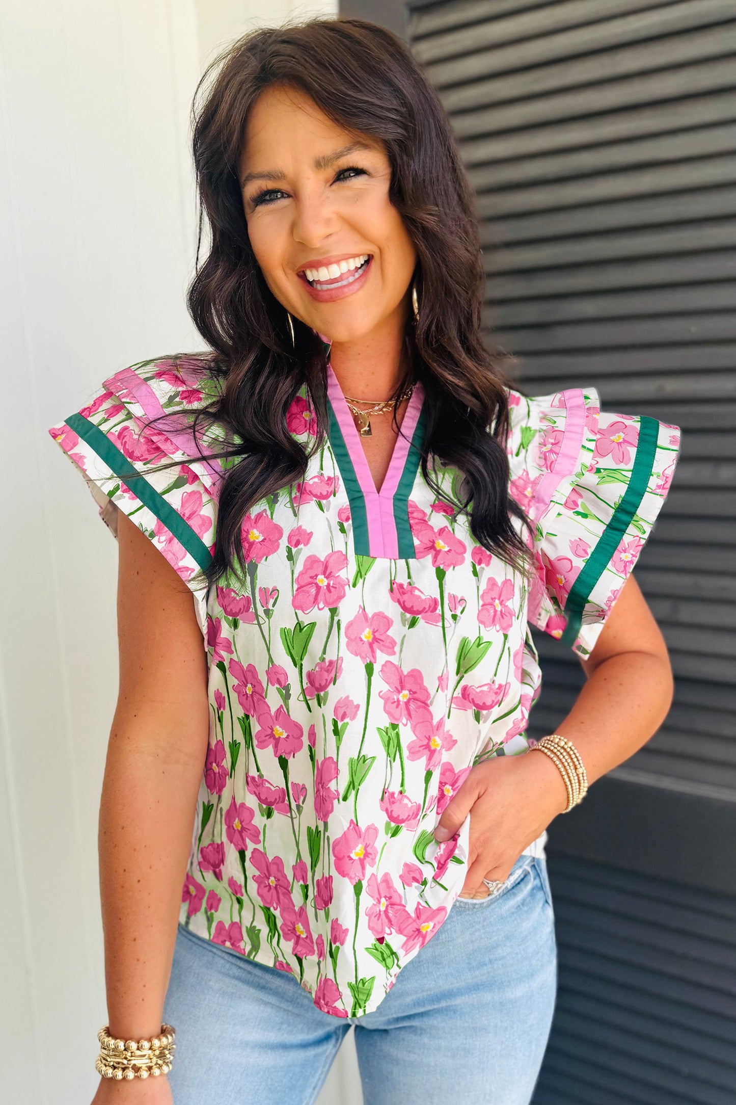 Pink Floral Print Contrast Trim V Neck Double Ruffled Short Sleeve Blouse